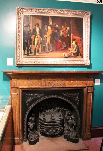 Robert Burns display room in 18th C addition at Writers' Museum with mantelpiece designed by Adam & cast-iron grate from house of literary figure Christopher North,. Edinburgh, Scotland.