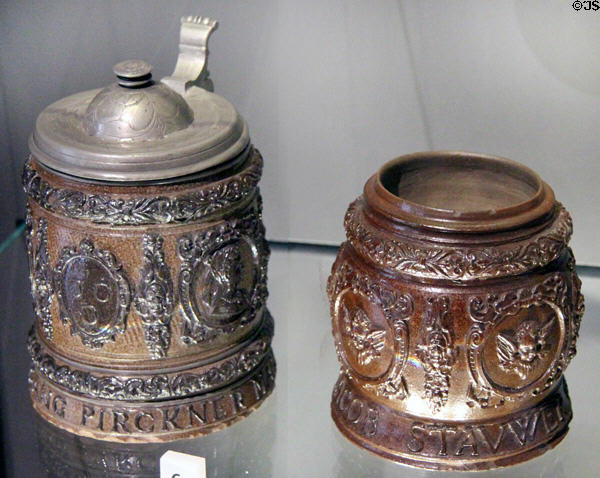 Salt-glazed stoneware tankards (1614-50) from Germany at National Museum of Scotland. Edinburgh, Scotland.