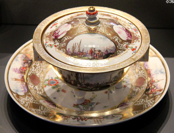 Porcelain covered bowl on stand for breakfast soup (écuelle) (c1730-40) from Meissen, Germany at National Museum of Scotland. Edinburgh, Scotland.