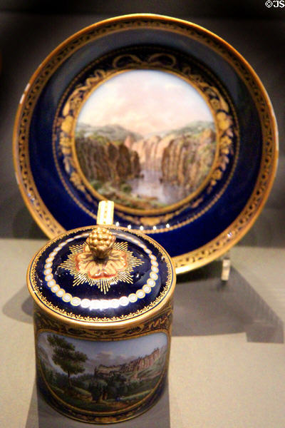 Porcelain covered cup & saucer with castle & Rhine views (early 19thC) from Meissen, Germany at National Museum of Scotland. Edinburgh, Scotland.