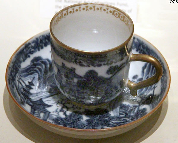 Porcelain cup & saucer painted with Chinese theme in blue (mid 18thC) at National Museum of Scotland. Edinburgh, Scotland.