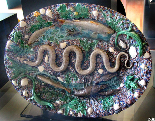 Earthenware dish with eels, fish, flora & fauna (late 16thC) by Bernard Palissy or follower of France at National Museum of Scotland. Edinburgh, Scotland.