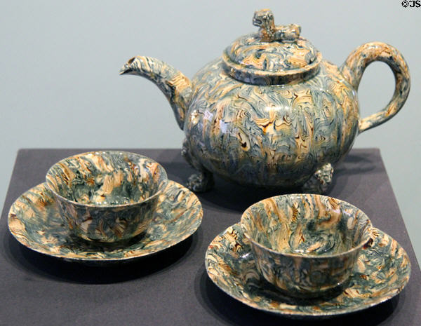 Marbled earthenware teapot, tea bowls & saucers (c1750) from Staffordshire, England at National Museum of Scotland. Edinburgh, Scotland.