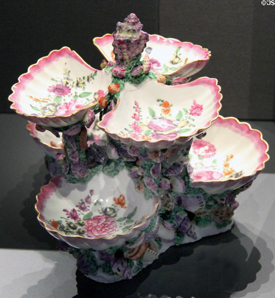 Painted porcelain sweetmeat stand (c1760-70) from Worcester, England at National Museum of Scotland. Edinburgh, Scotland.