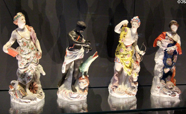 Porcelain figures representing four continent (early 1770s) from Bristol, England at National Museum of Scotland. Edinburgh, Scotland.