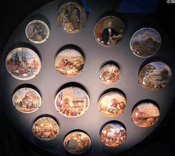 Earthenware printed food jar & pot lids (1850-75) from Staffordshire, England at National Museum of Scotland. Edinburgh, Scotland.