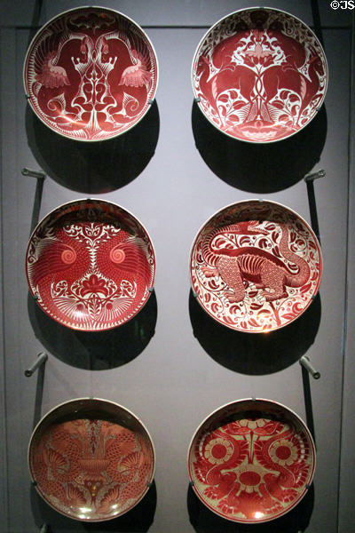 Luster glaze earthenware chargers (late 19thC) by William De Morgan at National Museum of Scotland. Edinburgh, Scotland.