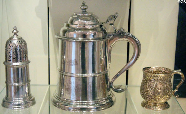 Silver caster (1708) by Robert Bruce, tankard (1705) by Alexander Forbes, & mug (1744) by Lawrence Oliphant at National Museum of Scotland. Edinburgh, Scotland.