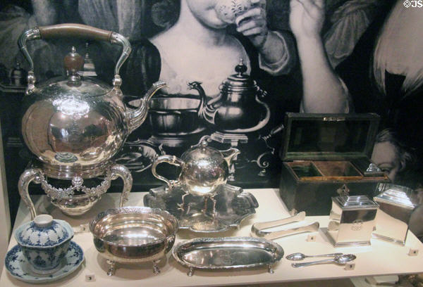 Silver tea service (1734-5) by James Ker of Edinburgh plus boxes for teas & sugar at National Museum of Scotland. Edinburgh, Scotland.