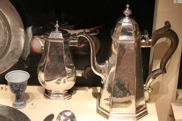 Silver hot milk jug & coffee pot (1713-4) by Colin MacKenzie of Edinburgh at National Museum of Scotland. Edinburgh, Scotland.