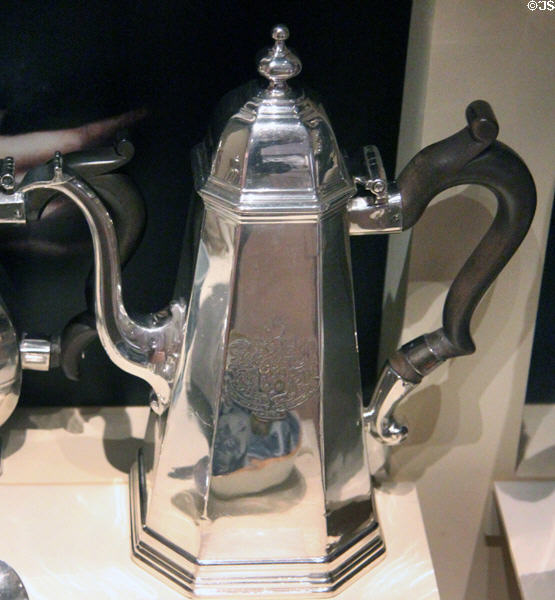 Earliest-known Scottish silver coffee pot (1713-4) by Colin MacKenzie of Edinburgh at National Museum of Scotland. Edinburgh, Scotland.