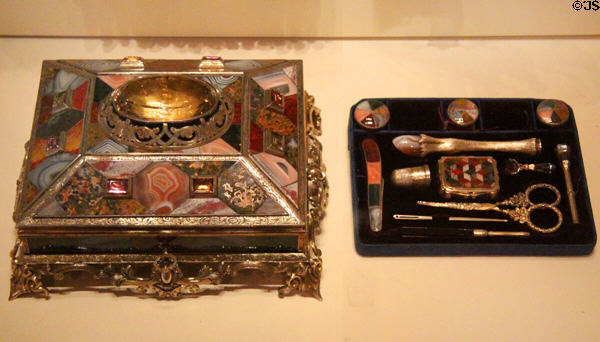 Silver gilt sewing box with gemstones (1885) by Matthew Crichton of Edinburgh at National Museum of Scotland. Edinburgh, Scotland.
