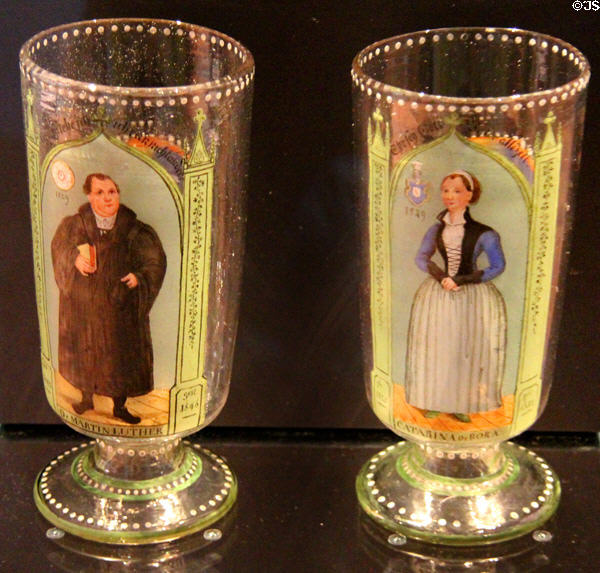 Goblets painted with Martin Luther & his wife Katharina von Bora (19thC) from Germany at National Museum of Scotland. Edinburgh, Scotland.