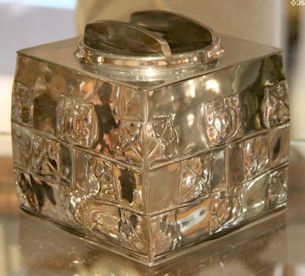 Pewter Tudric biscuit box (1902) by Archibald Knox made by WH Haseler & Co. of London, England at National Museum of Scotland. Edinburgh, Scotland.