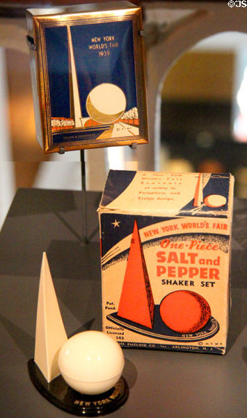 Souvenir Trylon & Perisphere salt & pepper shakers from New York World's Fair (1939) at National Museum of Scotland. Edinburgh, Scotland.