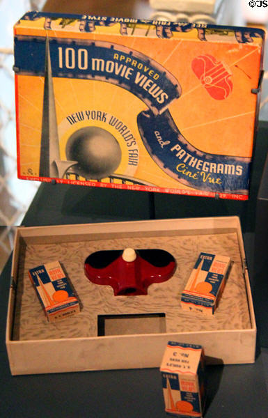 Souvenir film strip viewer with Trylon & Perisphere structures & box from New York World's Fair (1939) by Pathegrams Inc. at National Museum of Scotland. Edinburgh, Scotland.