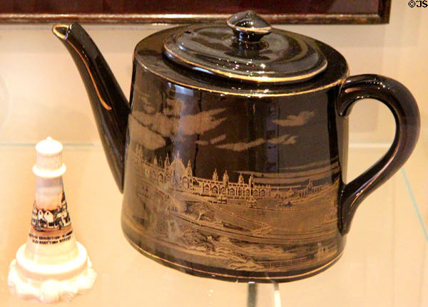 Edinburgh International Exhibition teapot (1886) possibly by Alloa Pottery at National Museum of Scotland. Edinburgh, Scotland.