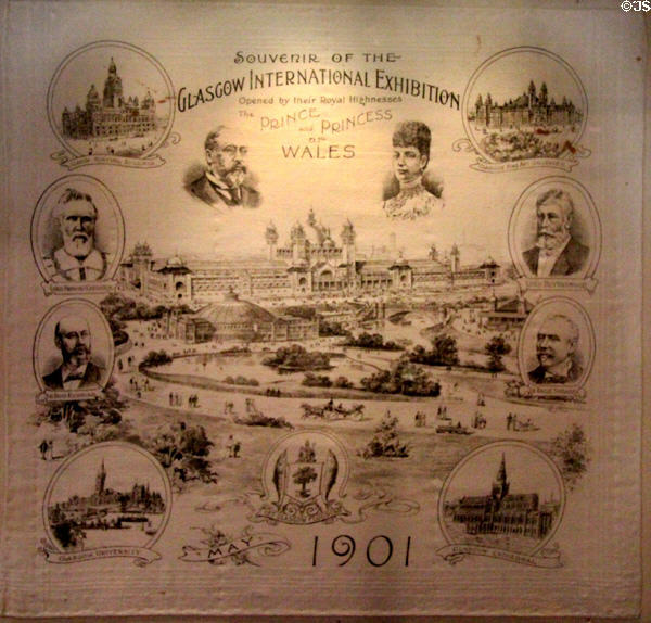 Glasgow International Exhibition souvenir printed handkerchief with panoramic view (1901) at National Museum of Scotland. Edinburgh, Scotland.