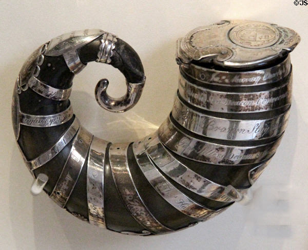 Snuff mull of ram's horn with silver bands & cover (1762) from Tailors of Canongate trade group at National Museum of Scotland. Edinburgh, Scotland.