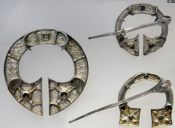 Silver brooches from St Ninian's Isle Treasure (c800-50) found in Shetland church prob. hidden from Vikings at National Museum of Scotland. Edinburgh, Scotland.