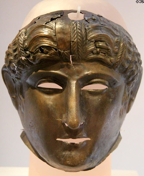 Roman cavalry bronze face mask (50-100) from Newstead at National Museum of Scotland. Edinburgh, Scotland.
