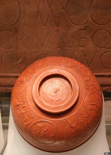 Roman ceramic bowl with organization of production theme (100-200) from Newstead at National Museum of Scotland. Edinburgh, Scotland.