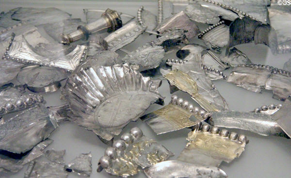 Traprain treasure hoard (early 5thC) given as bulk silver by Romans as bribe to keep Scots chief from attacking England at National Museum of Scotland. Edinburgh, Scotland.