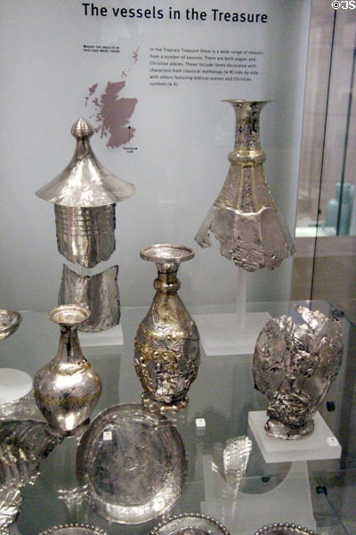 Silver flagons & plate of Traprain treasure hoard (early 5thC) Roman bribe to keep Scots from attacking England at National Museum of Scotland. Edinburgh, Scotland.