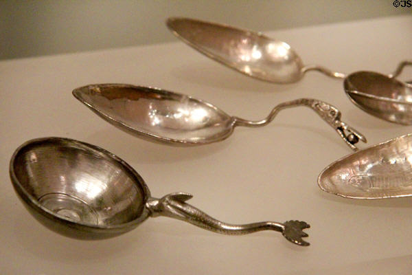Silver spoons (early 5thC) of Traprain treasure hoard Roman bribe to keep Scots from attacking England at National Museum of Scotland. Edinburgh, Scotland.