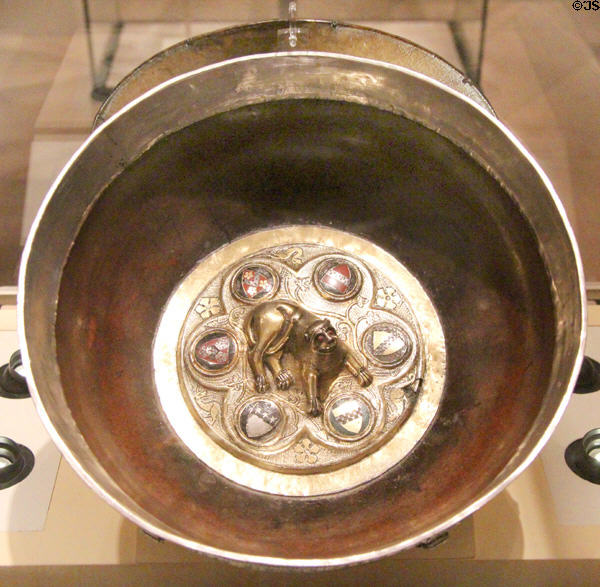 Silver Bute mazer (c1314) with lion of King Robert the Bruce with shields of supporters at National Museum of Scotland. Edinburgh, Scotland.