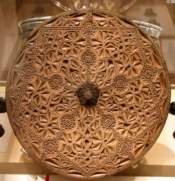 Carved whalebone cover (after 1314) of Bute mazer at National Museum of Scotland. Edinburgh, Scotland.