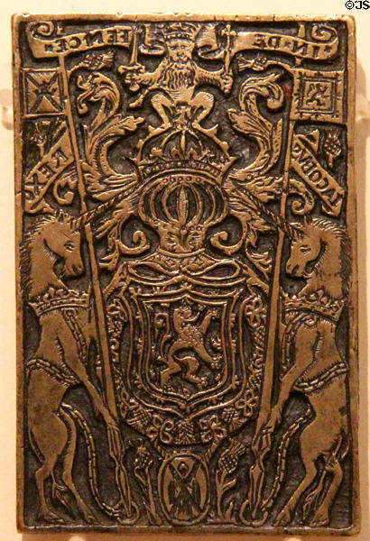 Brass book stamp with motto "In defence, Jacobus Rex" (James VI of Scotland / 1st of England) (prior to 1603) at National Museum of Scotland. Edinburgh, Scotland.