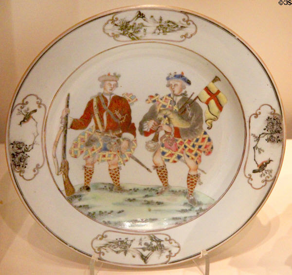 Chinese porcelain plate (c1745) painted with soldiers of Black Watch troops who committed a non-Jacobite mutiny in (1743) at National Museum of Scotland. Edinburgh, Scotland.