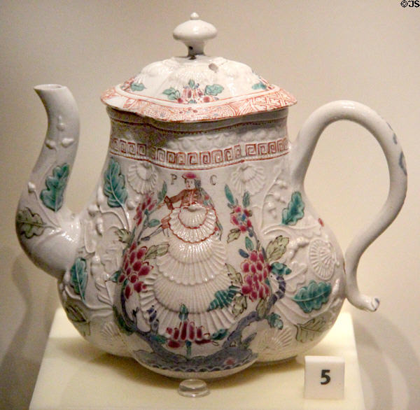 Stoneware teapot with letters PC (prob. Bonnie Prince Charlie) made (c1750) in Staffordshire at National Museum of Scotland. Edinburgh, Scotland.