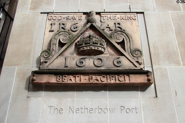 Royal plaque (1606) reset in modern Netherbow Port on Royal Mile. Edinburgh, Scotland.