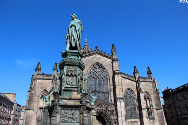 Duke of Buccleuch statue (1887) by Sir Joseph Boehm with bronze relief panels by William Birnie Rhind in front of St Giles Cathedral. Edinburgh, Scotland.