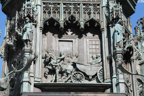 Arriving by carriage relief panel (1887) by William Birnie Rhind on Duke of Buccleuch statue. Edinburgh, Scotland.