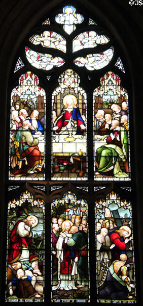 Last Supper; Christ's Agony in the Garden; Betrayal; Christ bearing the Cross stained glass windows by Ballantine of Edinburgh at St Giles Cathedral. Edinburgh, Scotland.
