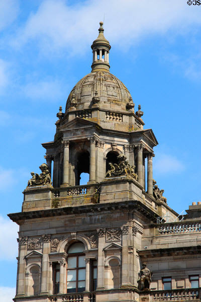 Corner tower of Glasgow City Chambers (1888) with sculptures by John Mossman & George Lawson. Glasgow, Scotland. Architect: William Young.