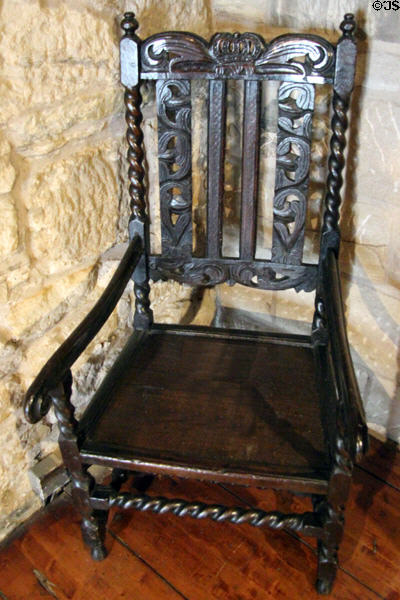 Scottish oak great chair (17thC) carved with crown at Provand's Lordship. Glasgow, Scotland.