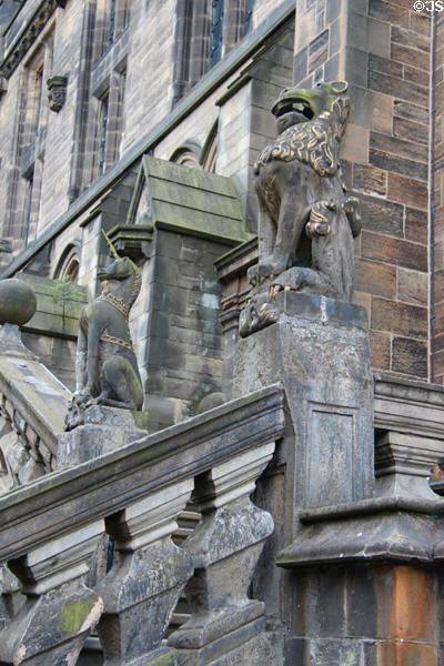 Lion & Unicorn Staircase (1690; moved to Gilbert Scott Building 1870) by stonemason William Riddel at University of Glasgow. Glasgow, Scotland.