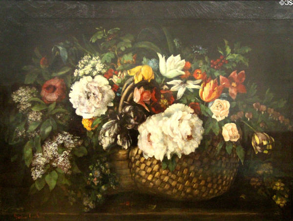 Basket of Flowers painting (1863) by Gustave Courbet at Kelvingrove Art Gallery. Glasgow, Scotland.