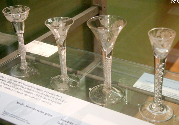 Wine glasses with Jacobite symbols for secret celebration of Scottish kings (late 18thC) at Kelvingrove Art Gallery. Glasgow, Scotland.