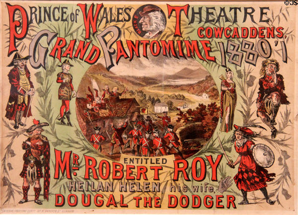 Poster for Sir Walter Scott's Rob Roy pantomime in Glasgow (1880) at Kelvingrove Art Gallery. Glasgow, Scotland.
