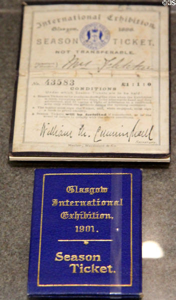 Season tickets from International Exhibition of Science, Art & Industry, Glasgow (1888) & Glasgow International Exhibition (1901) at Kelvingrove Art Gallery. Glasgow, Scotland.