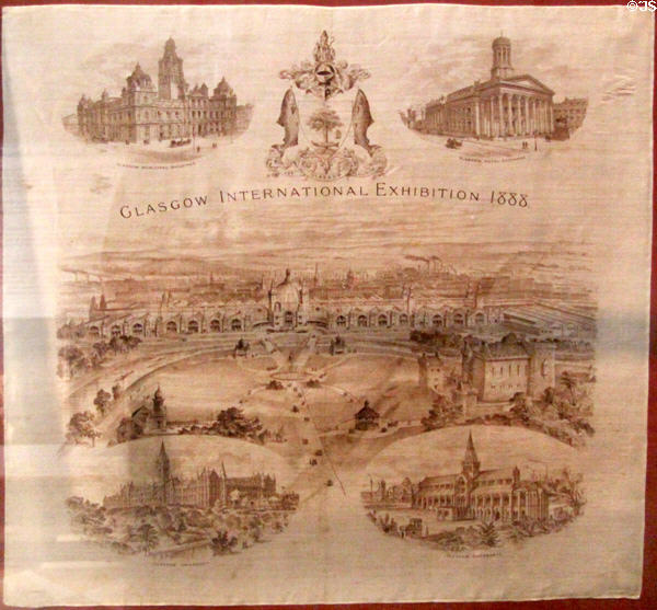 Souvenir handkerchief showing buildings of International Exhibition of Science, Art & Industry, Glasgow (1888) at Kelvingrove Art Gallery. Glasgow, Scotland.