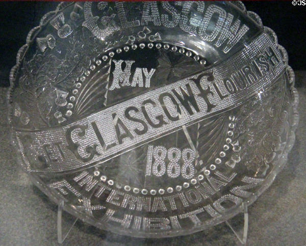 Souvenir pressed glass plate from International Exhibition of Science, Art & Industry, Glasgow (1888) at Kelvingrove Art Gallery. Glasgow, Scotland.