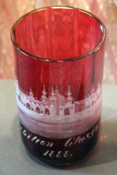Souvenir ruby glass from International Exhibition of Science, Art & Industry, Glasgow (1888) at Kelvingrove Art Gallery. Glasgow, Scotland.