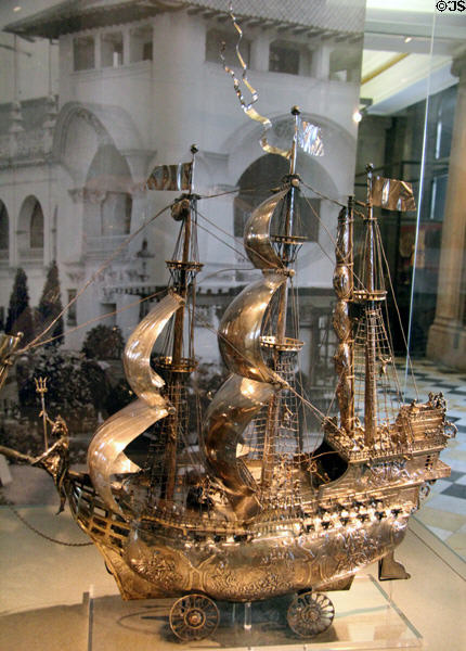 Silver yacht race trophy in form of sailing ship awarded at Glasgow International Exhibition (1901) at Kelvingrove Art Gallery. Glasgow, Scotland.