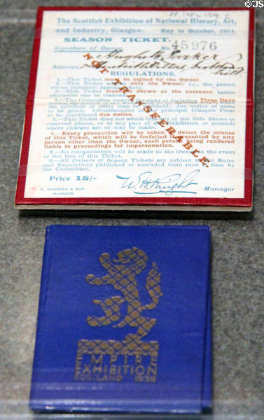 Season tickets from Scottish Exhibition of National History, Art & Industry (1911) & Empire Exhibition, Scotland, Glasgow (1938) at Kelvingrove Art Gallery. Glasgow, Scotland.